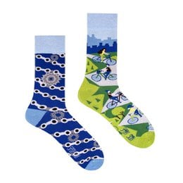 Casual socks with a bicycle print pattern in various sizes. The socks feature a mix of blue and green colors, with a repeating bicycle design throughout.