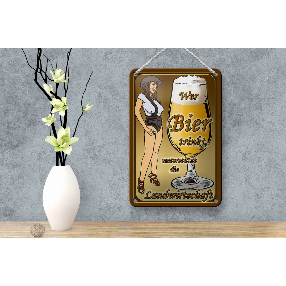 Tin sign Pinup 12x18cm who drinks beer supports country decoration