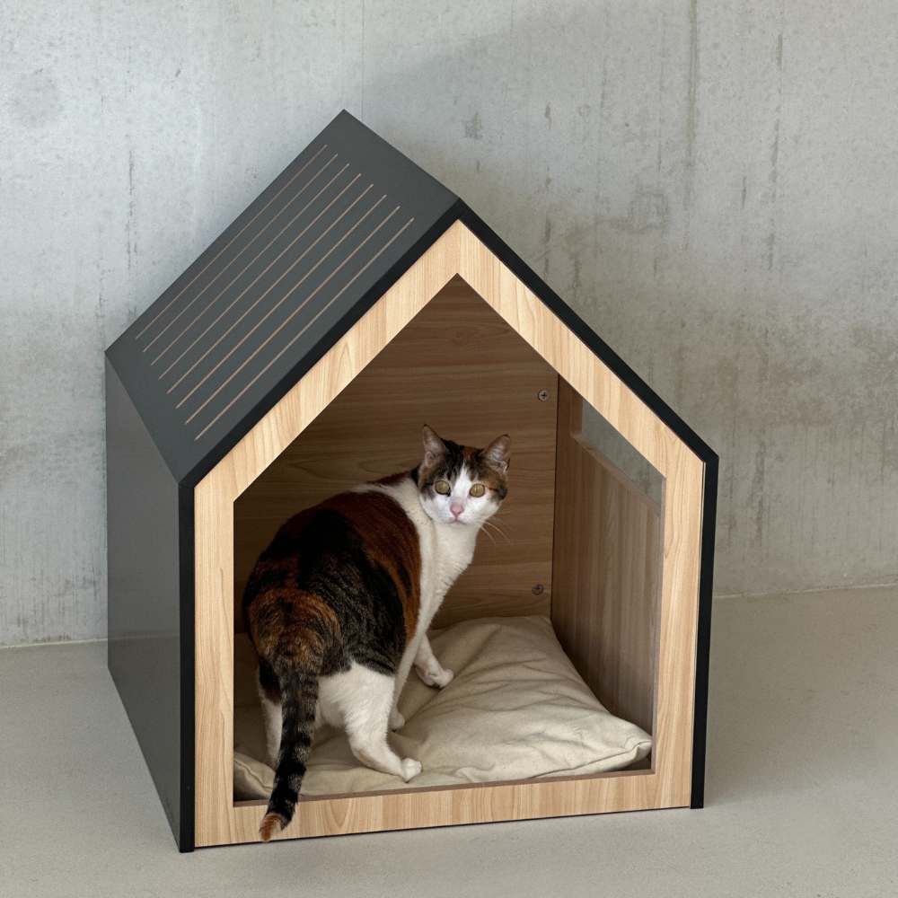 Kattenhuis | hondenhuis | hout | katoen | zwart | 58 x 58 x 65 cm