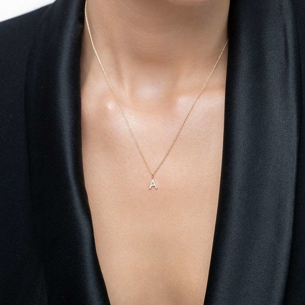Letter "A" Necklace, 14K Yellow Gold with Diamonds