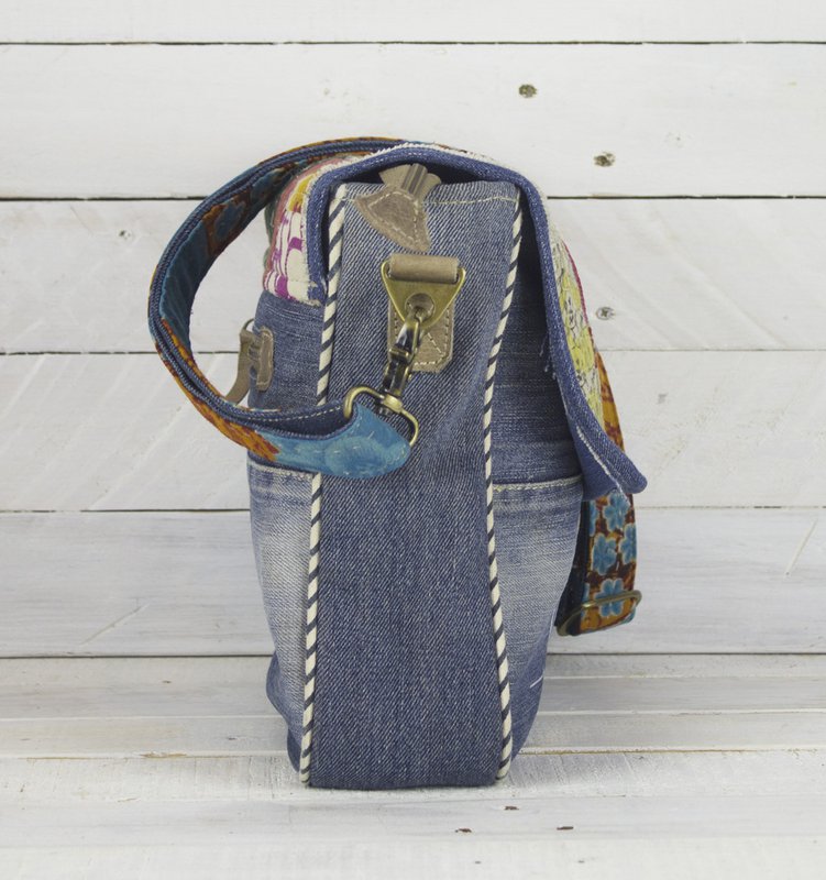 Sac à bandoulière durable Sunsa pour femmes. Sac à bandoulière fabriqué à partir de jeans recyclés et de tissu sari (toile). Sac à main style rétro vintage. Sac bandoulière pour femme.