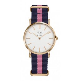 A stylish watch with a navy and pink striped nylon strap, featuring a gold-tone case and a simple white dial with a minimalist design.