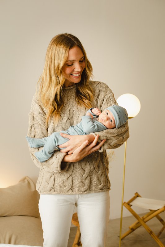 ENSEMBLE 5 PCS(CHEMISE+PANTALON+GANTS+BAVOIR+CHAUSSETTES)POUR NOUVEAU-NÉ (0-6 MOIS)-100%COTON-MOD. DUENDES - BLEU FONCÉ