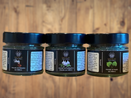 Set of 3 sea salt jars from Mallorca, featuring different flavors and textures, suitable for seasoning and cooking.