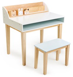 Wooden desk and chair set for kids, featuring a storage compartment and a matching stool.