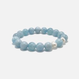 Aquamarine bracelet with adjustable sizes from small to extra-large, featuring round beads in a light blue color.