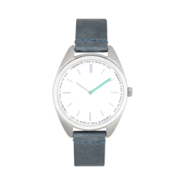 Silver blue off-white watch with minimalist design and gray leather strap.