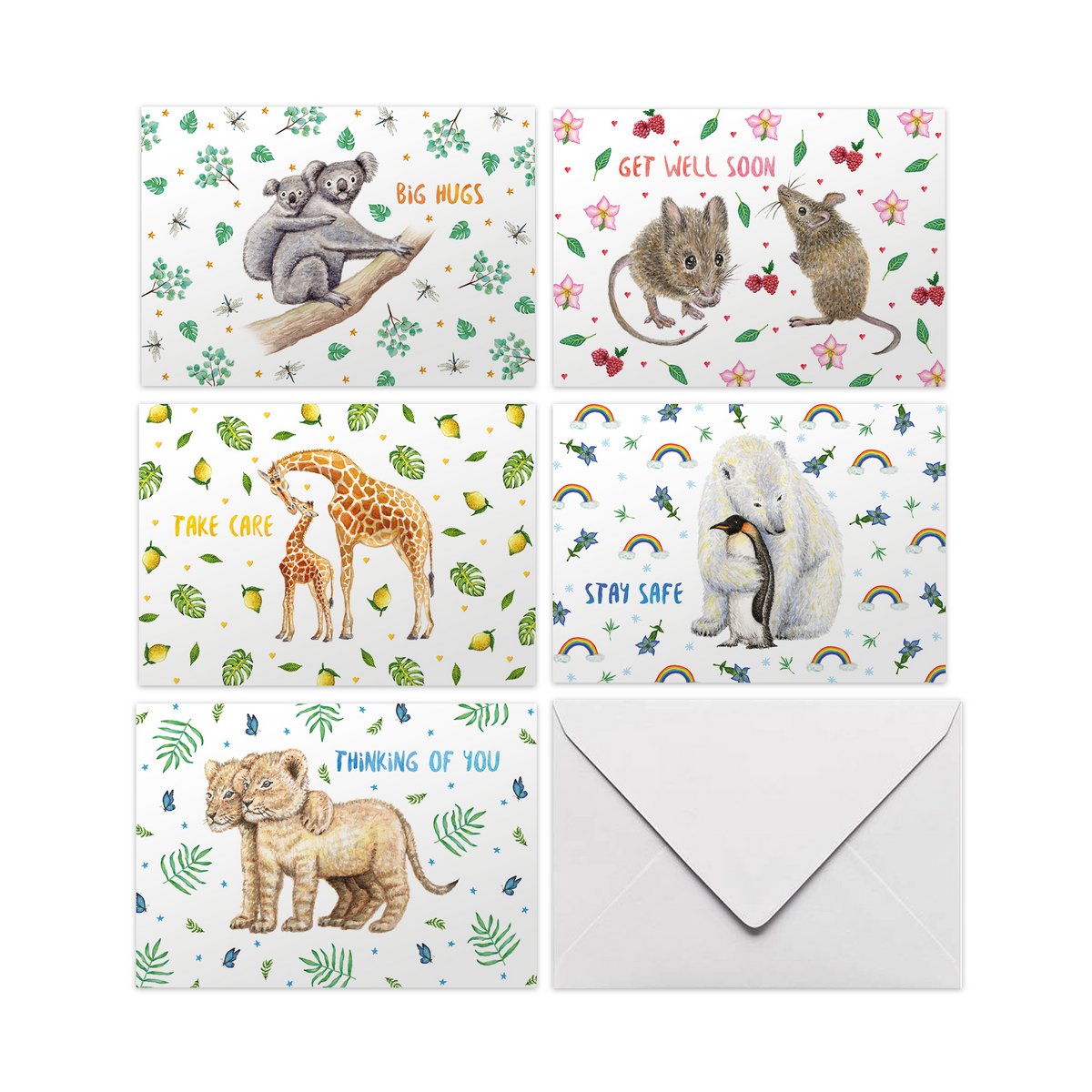 10 tarjetas de felicitación Take Care - juego con sobre incluido - tarjetas dobladas en una caja - formato A6 - ilustraciones pintadas por Mies