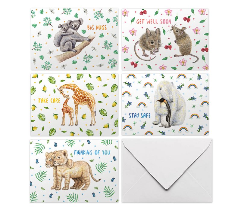 10 tarjetas de felicitación Take Care - juego con sobre incluido - tarjetas dobladas en una caja - formato A6 - ilustraciones pintadas por Mies