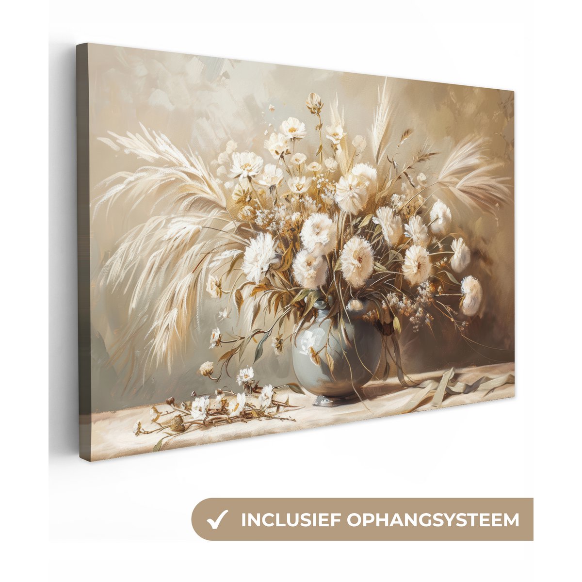 Canvas schilderij  - Wanddecoratie - Bloemen - Vaas - Stilleven - Beige