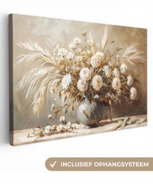 Canvas schilderij  - Wanddecoratie - Bloemen - Vaas - Stilleven - Beige