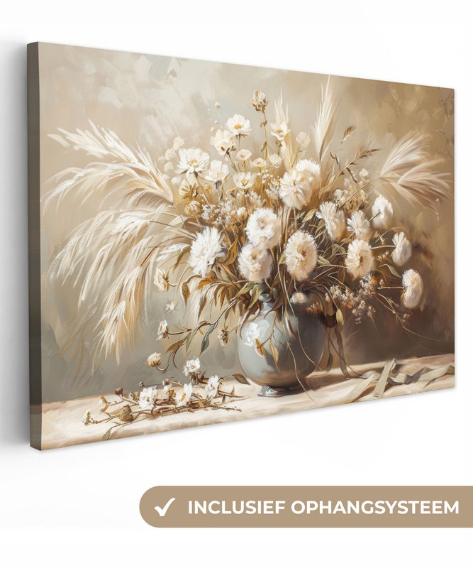 Canvas schilderij  - Wanddecoratie - Bloemen - Vaas - Stilleven - Beige
