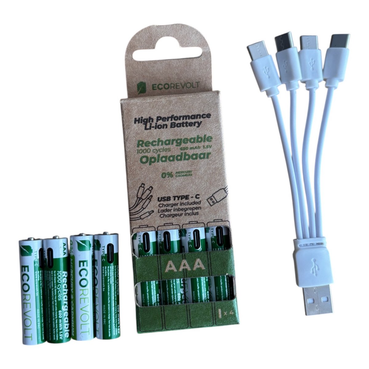 Ecorevolt-pack van 4 AAA oplaadbare AAA USB-C 650 MAH 1.5V + 4 Heads Cable