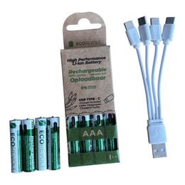 Ecorevolt-pack di 4 AAA ricaricabile ricaricabile AAA USB-C 650 MAH 1,5 V + 4 teste Cavo