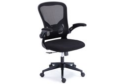 Swivel office chair with breathable black mesh back and black structure. Adjustable lumbar support and armrests for comfort.
