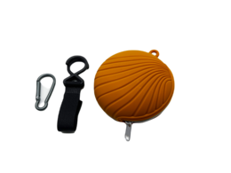 Orange pacifier case with zipper closure and clip for attaching to diaper bag or stroller.