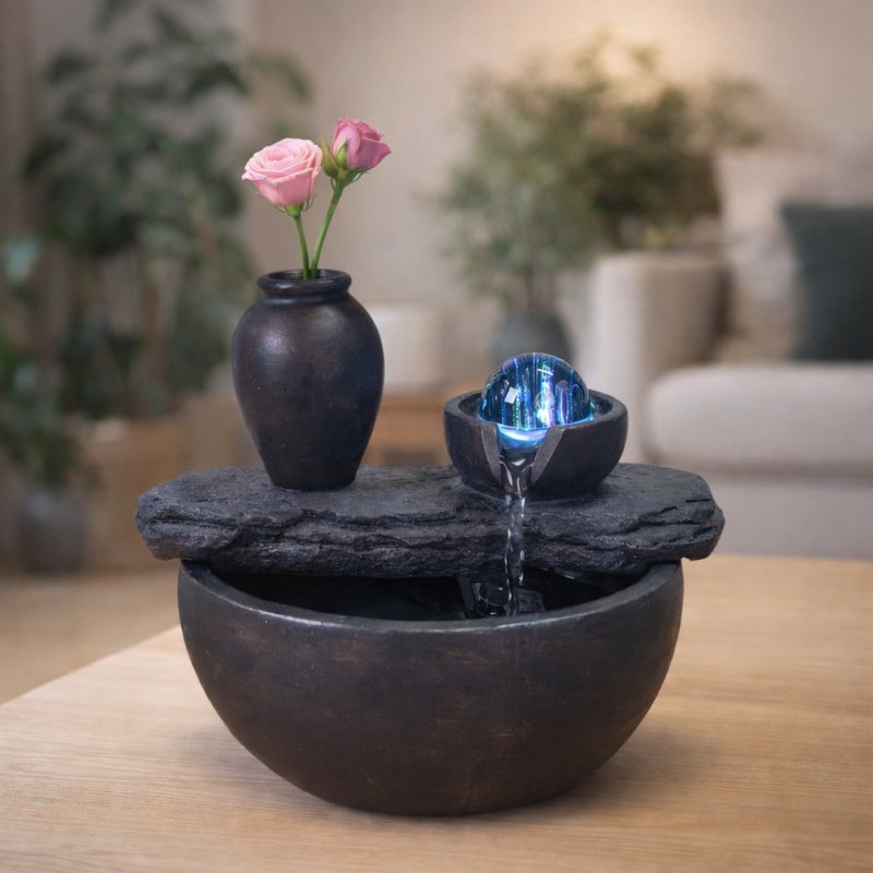 Zimmerbrunnen – Kieselsäure – Zen- und entspannende Dekoration – Geschenkidee – Buntes LED-Licht