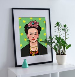 Colorful framed wall print featuring a portrait of Frida Kahlo, the iconic Mexican artist, with a floral crown and vibrant background.