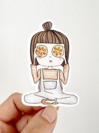 Girl with brown bow, pear illustration, cute minimalist sticker design for laptop decoration.
