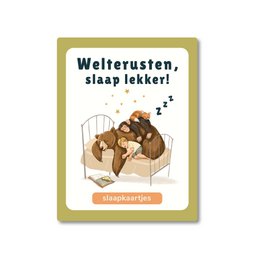 Sleeping cards with cute bear characters, encouraging good night's sleep. Includes text in Dutch "Welterusten, slaap lekker!" meaning "Good night, sleep well!"