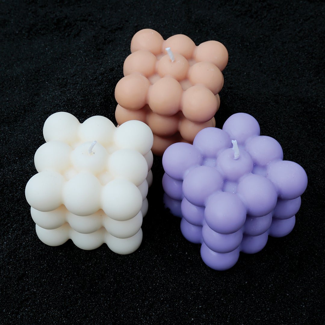 3er Bubble Candle Set creme, beige, lilla