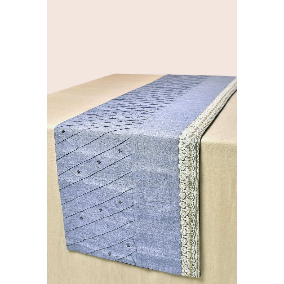 Dupion Silk Hand-Embroidered Table Runner With 6 Table Mats - Blue