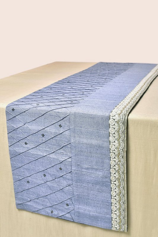 Bordløber | Dupion Silkebroderede måtter Blå | 203x36 cm