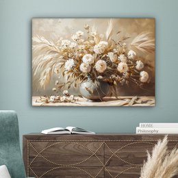 Lærredsmaleri - vægdekoration - blomster - lyserød - moderne - beige