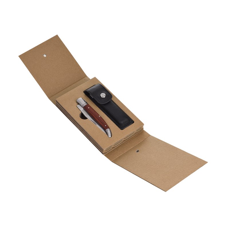 Juego de cuchillos plegables Laguiole Héritage y estuche de cuero negro - Mango de acero inoxidable y palisandro - Navaja de bolsillo - Caja de regalo