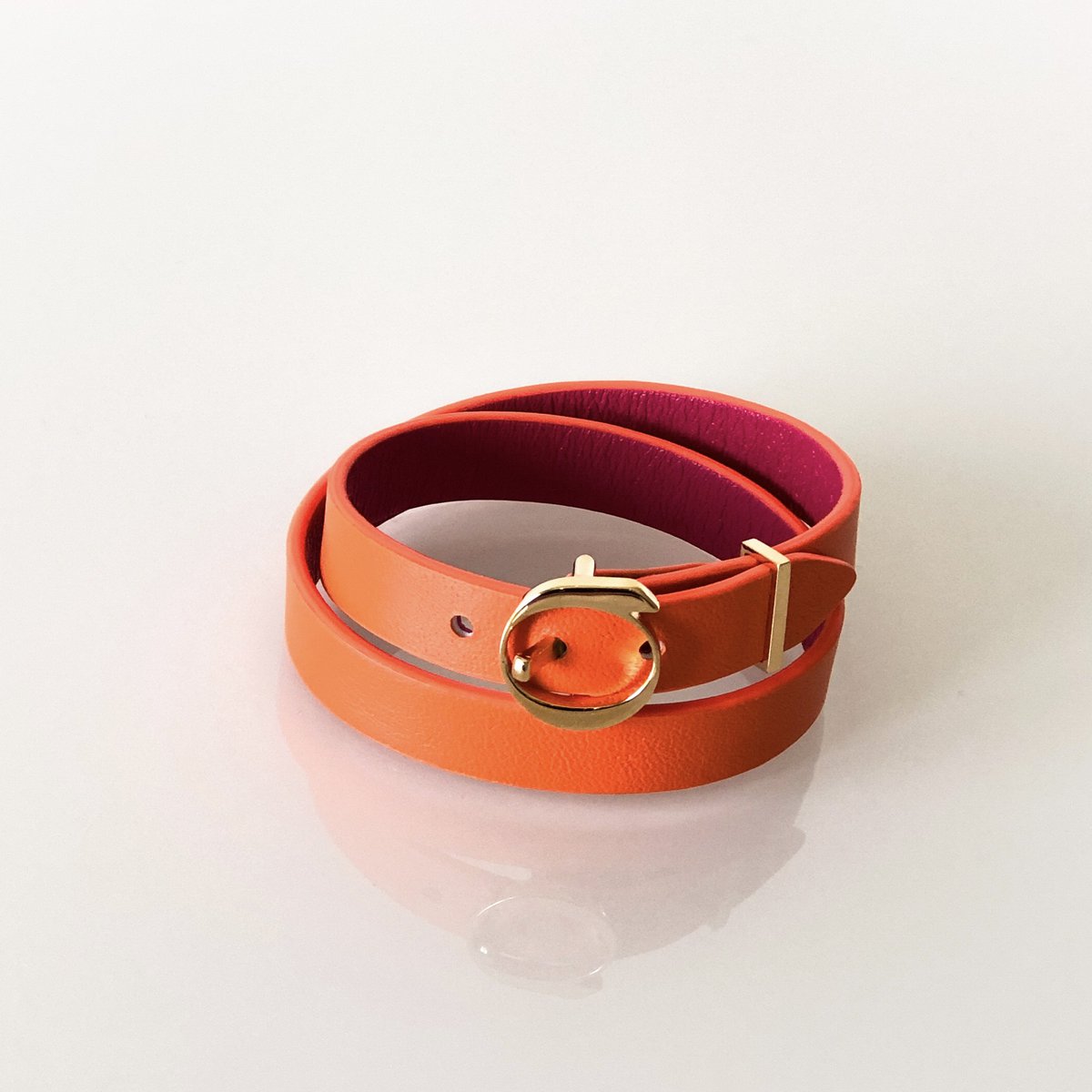 Bracelet cuir DUO TWIST Orange - Fuchsia