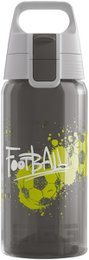  "Dark gray water bottle with yellow football graphic, 0.5l capacity, kids sports bottle with handle"