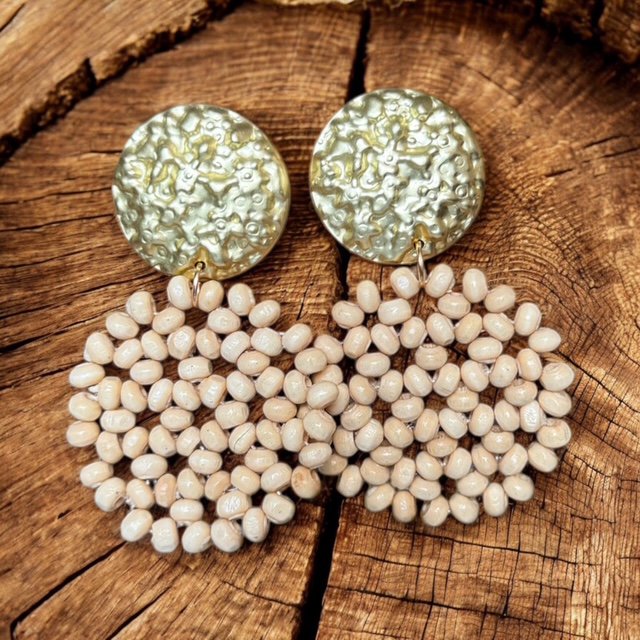 Statement Earrings: Gold Hammered Pastilles and Job Seed Beaded Hoop Earrings — Stainless Steel & Natural