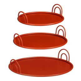  Oval-shaped red serving tray with handles.