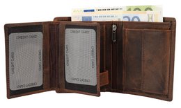 Cartera decorativa de piel auténtica (cuero Hunter), RFID, formato vertical, "Fischer/Angler", marrón oscuro
