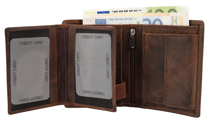Cartera decorativa de piel auténtica (cuero Hunter), RFID, formato vertical, "Fischer/Angler", marrón oscuro