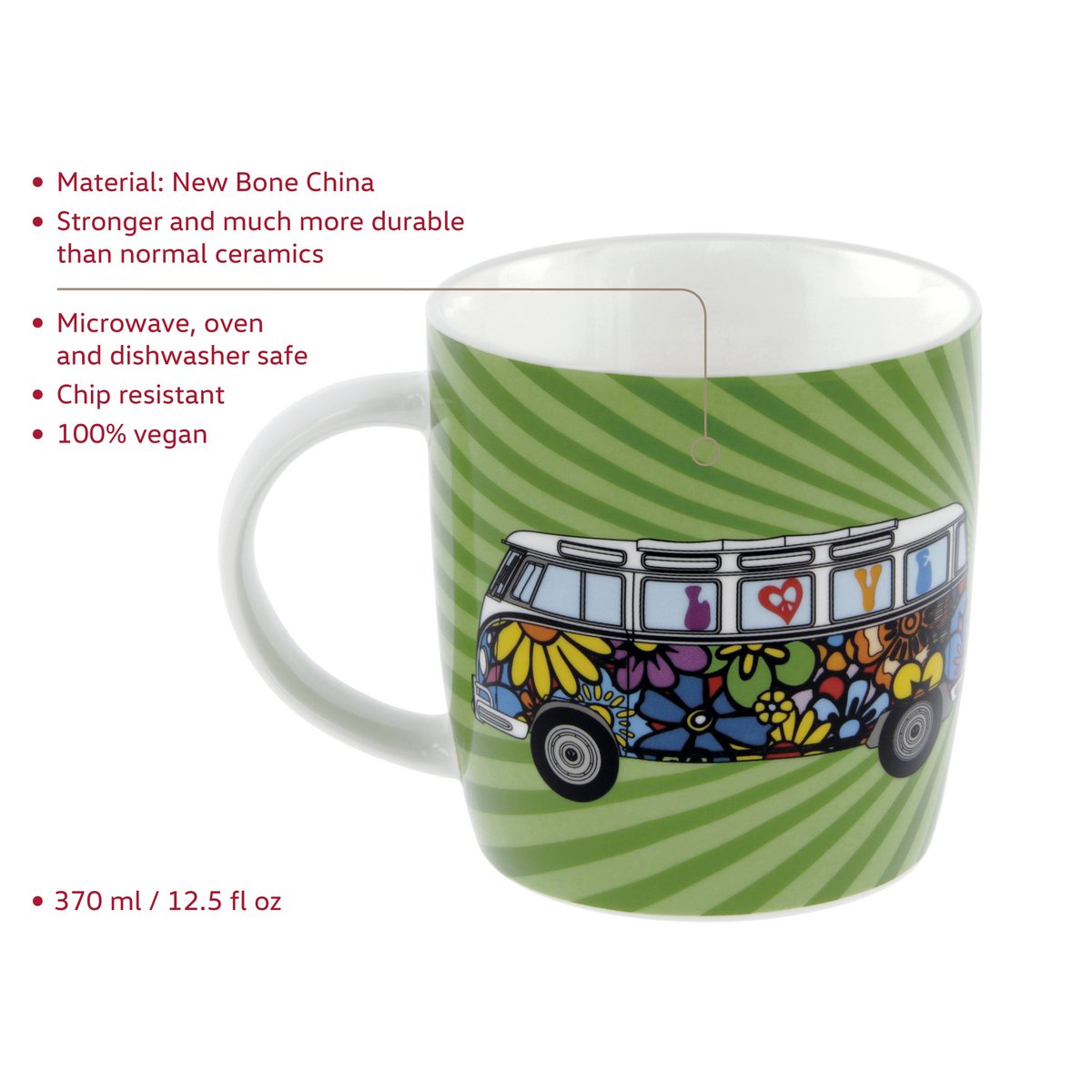 Volkswagen VW T1 Bus Coffee Mug 370ml in Gift Box - Love Bus/Green
