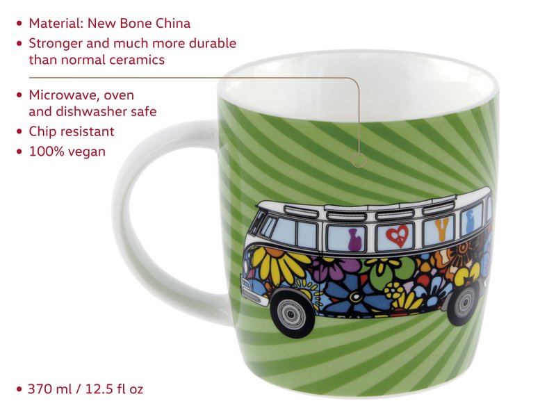 Volkswagen VW T1 Bus Coffee Mug 370ml in Gift Box - Love Bus/Green