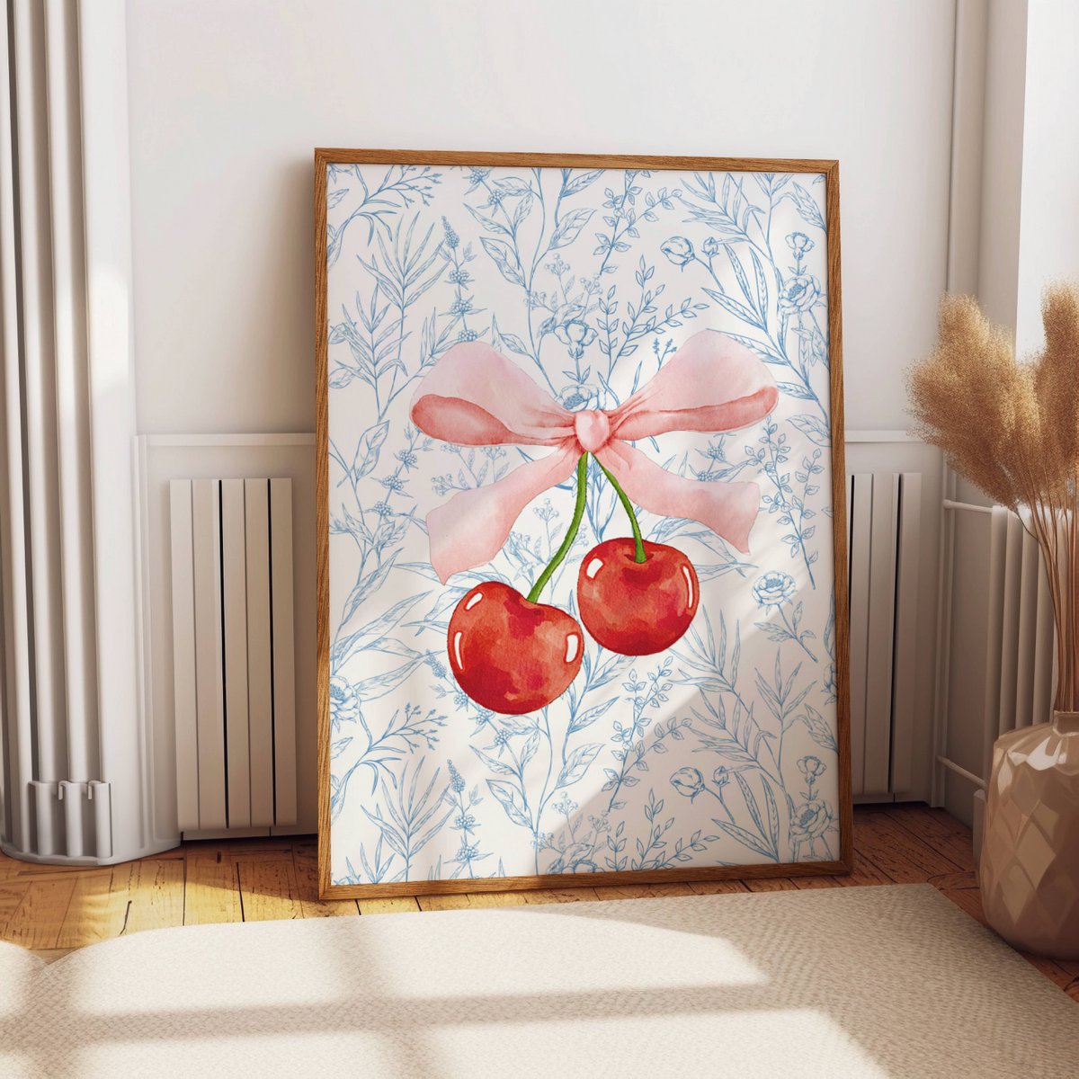 Wiśniowy nadruk z kokardką, plakat wiśniowy, plakat z kokardką, nadruk kokietki, niebieski toaleta, niebieski plakat do pokoju dziewcząt, plakat do przedszkola dla dziewcząt