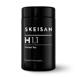 Herbal tea blend with peppermint and eucalyptus flavors, packaged in a black container labeled "SKEISAN H11".