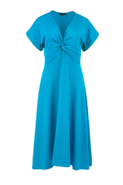 Turquoise midi dress with knot detail, short sleeves, V-neckline, flared skirt, women's casual dress.
