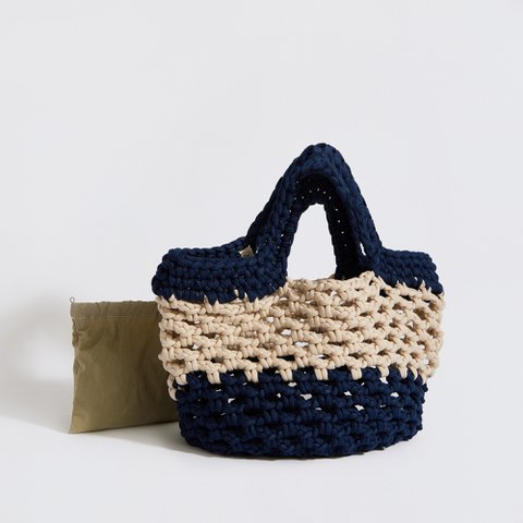 "Ingrid Grande" Crochet Beach Tas met waterdichte zak beige + blauw