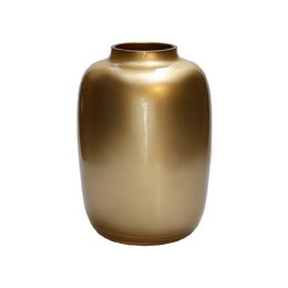 Tall, round gold vase with a smooth, metallic finish.