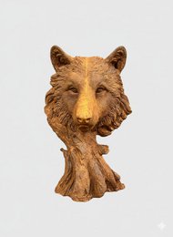 Cast iron wolf head garden sculpture with detailed facial features and textured surface.