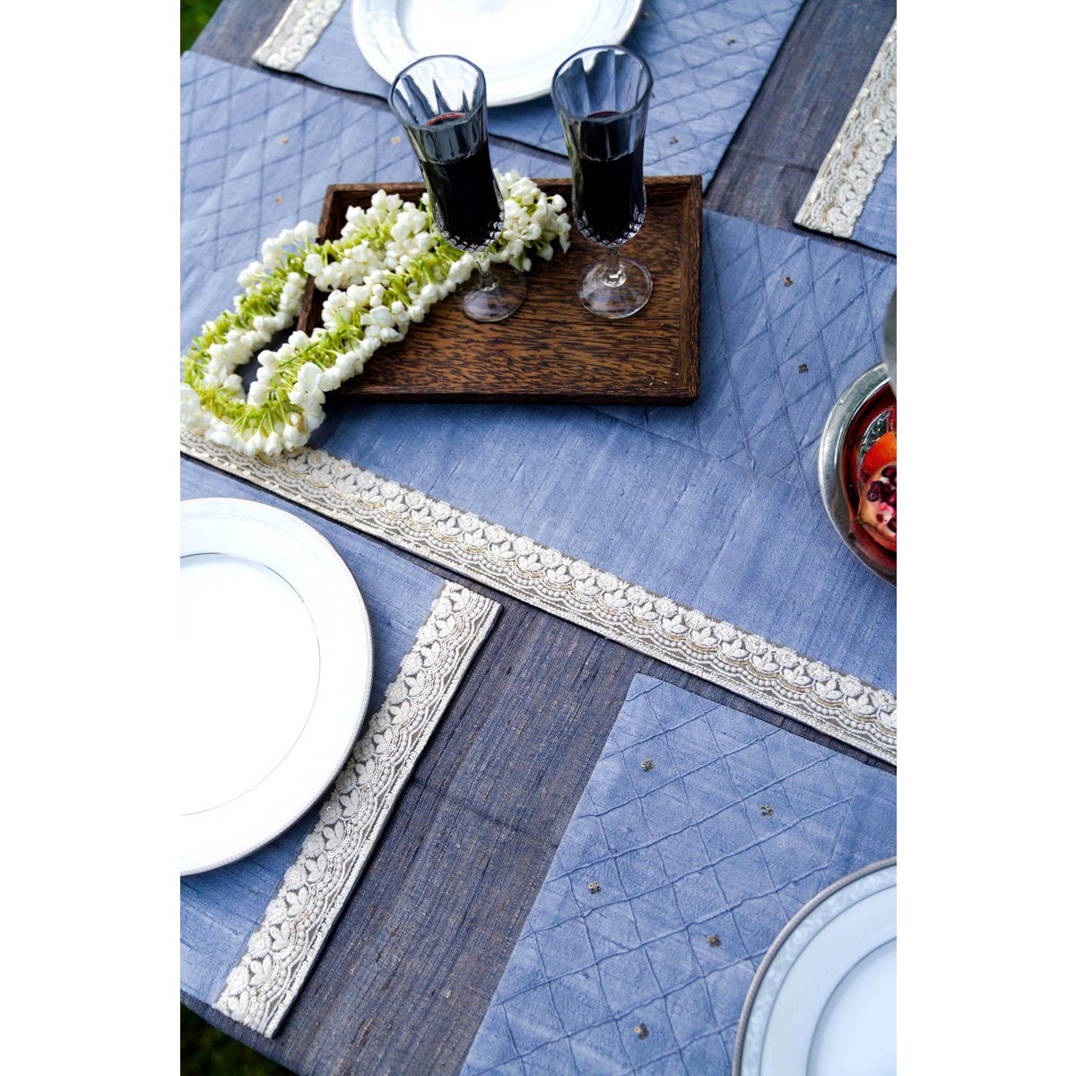 Dupion Silk Hand-Embroidered Table Runner With 6 Table Mats - Blue