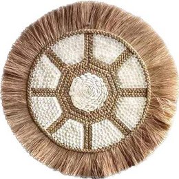 A round, woven wall hanging with a geometric pattern and fringe border, made of natural materials like straw or jute. The design features a central circular motif surrounded by hexagonal shapes in neutral tones.