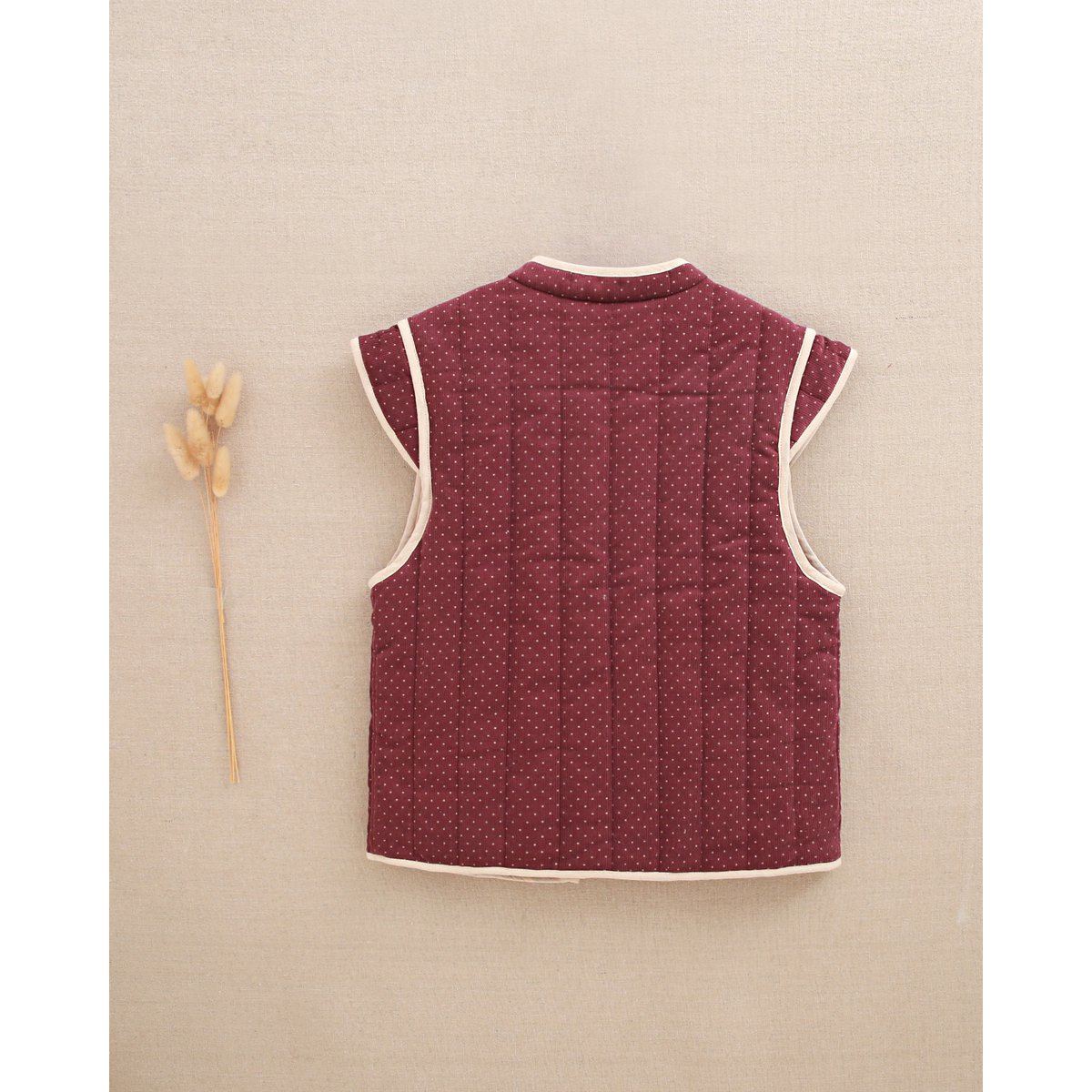 Purple corduroy vest for girls with beige polka dots P78-11604145