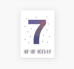 Postcard with the number 7 and the text "Hip hip hooray!" in a stylized, glittery design. Suitable for birthday celebrations.