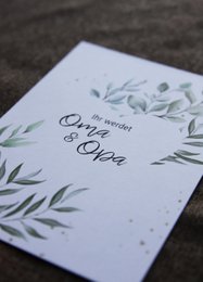 Card with scratch heart - announce pregnancy, we're having a baby, greenery, eucalyptus
