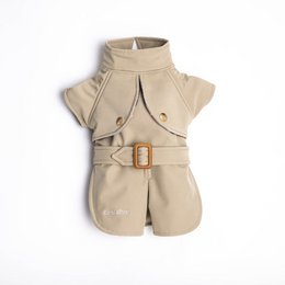 Beige raincoat with plaid lining for pets, available in sizes XS-XL.