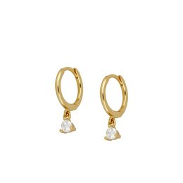 Gold-tone hoop earrings with clear crystal drop pendants. Elegant and versatile accessory for any occasion.